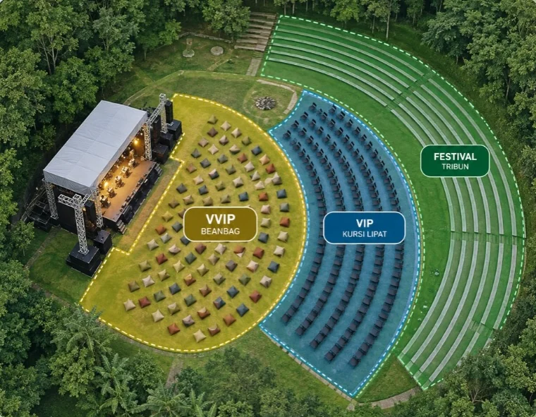 Seating map: VVIP beanbag paling dekat panggung, VIP kursi lipat di tengah, Festival di tribun bagian belakang